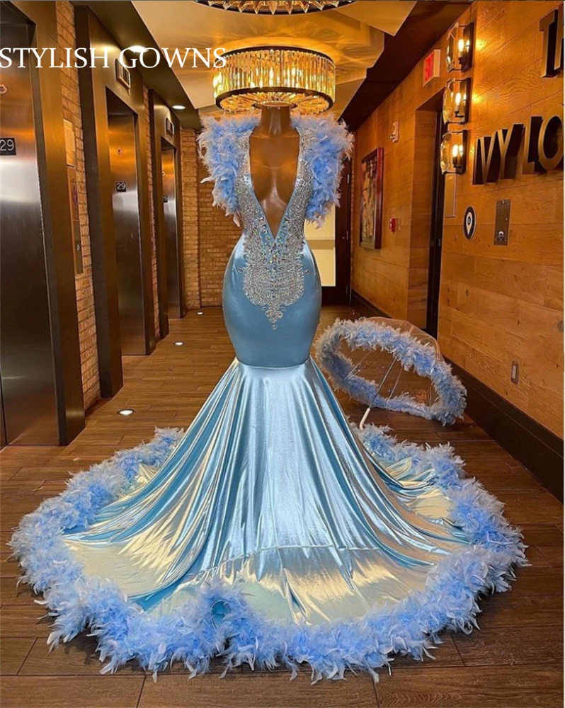 

Blue Deep V Neck Evening Dress For Black Girls Beaded Crystal Diamond Birthday Party Dresses Feathers Formal Gowns Robe De Bal