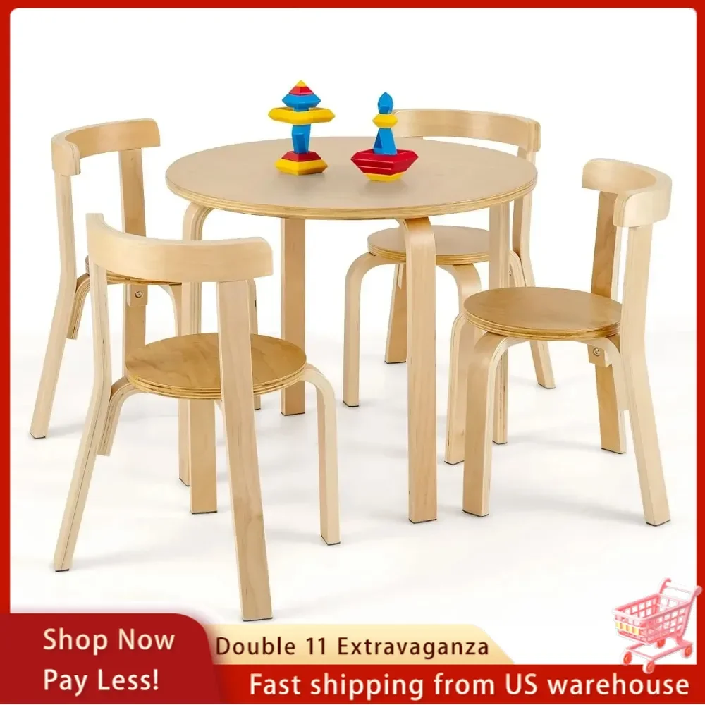 Kids Table and Chair Set, 5-Piece Wooden Activity Table w/ 4 Chairs, Toy Bricks, Classroom Playroom Daycare Furniture
