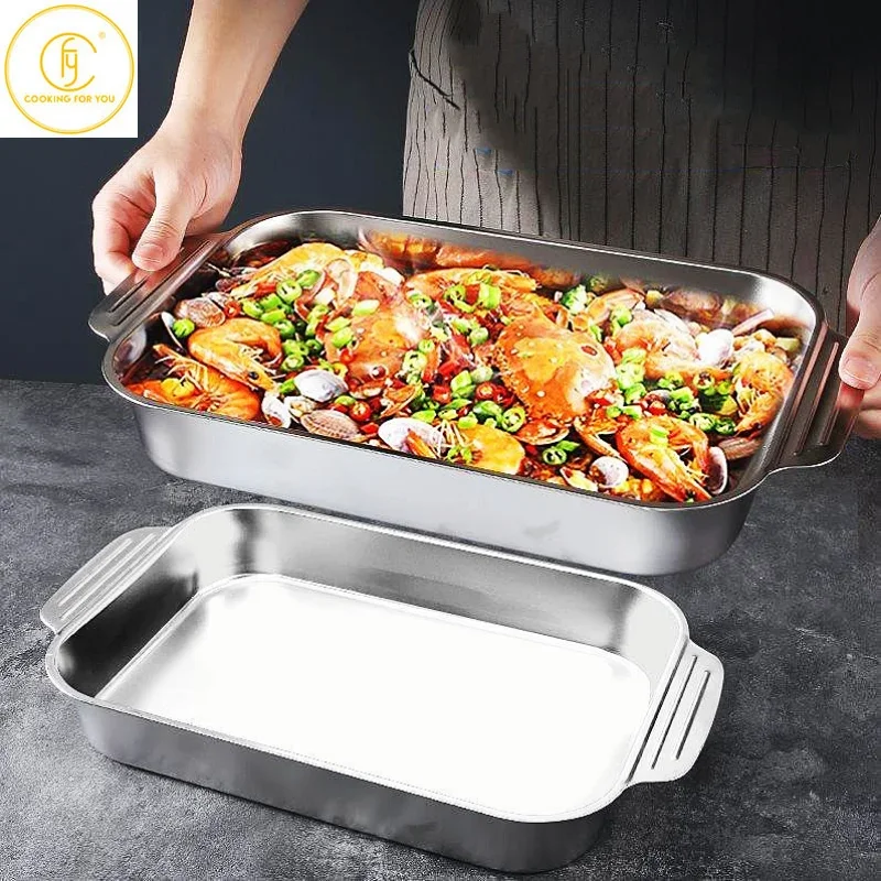 Large Capacity Stainless Steel Fish Deep Plate Both Gas and Induction Cooker BBQ Fried Beef Food Tray Seafood Dish Bbq Plate