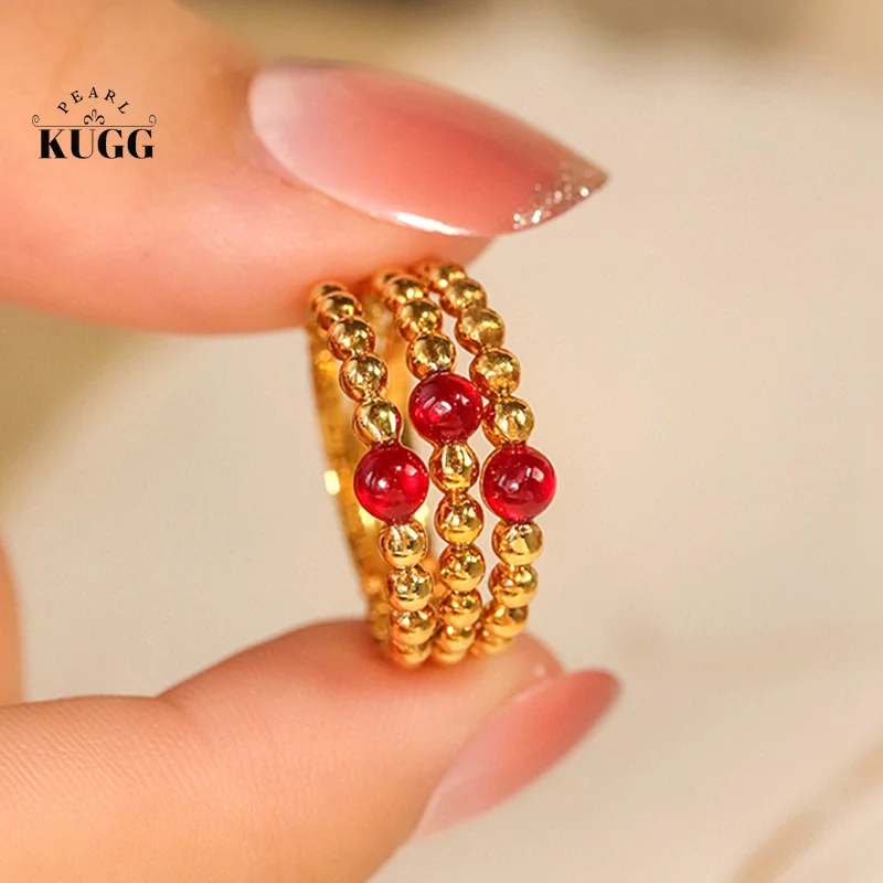 

KUGG 18K Yellow Gold Rings Romantic Bean Shape 0.30CT Real Natural Ruby Shiny Gemstone Engagement Ring for Women Christmas Gift