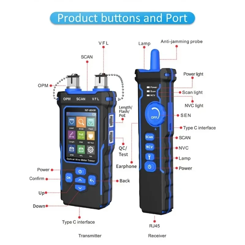 NOYAFA-Network Cable Tester, LAN Optical Power Meter, LCD Display, Measure Length, Wiremap Tester, Cable Tracker, NF-8508 2