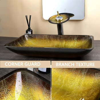 Zappo อ่างอ่างล้างหน้ากระจกแบบมีเทมเปอร์, อ่างล้างหน้าในห้องน้ำอ่างล้างหน้าเซรามิกเคาน์เตอร์ด้านบนชามอ่างล้างหน้าโต๊ะเครื่องแป้งพร้อมก๊อกน้ำ 1