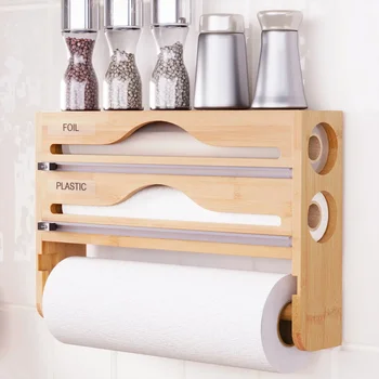 Scomparto in bambù Scatola per taglierina in stagno con pellicola trasparente con carta da cucina Accessori per organizer da cucina per asciugamani di carta montati a parete 1