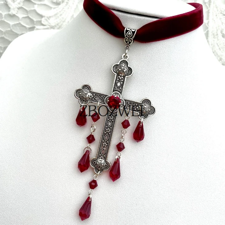 Cross Choker Large Red Goth Gothic Cross Velvet Red Velvet Choker