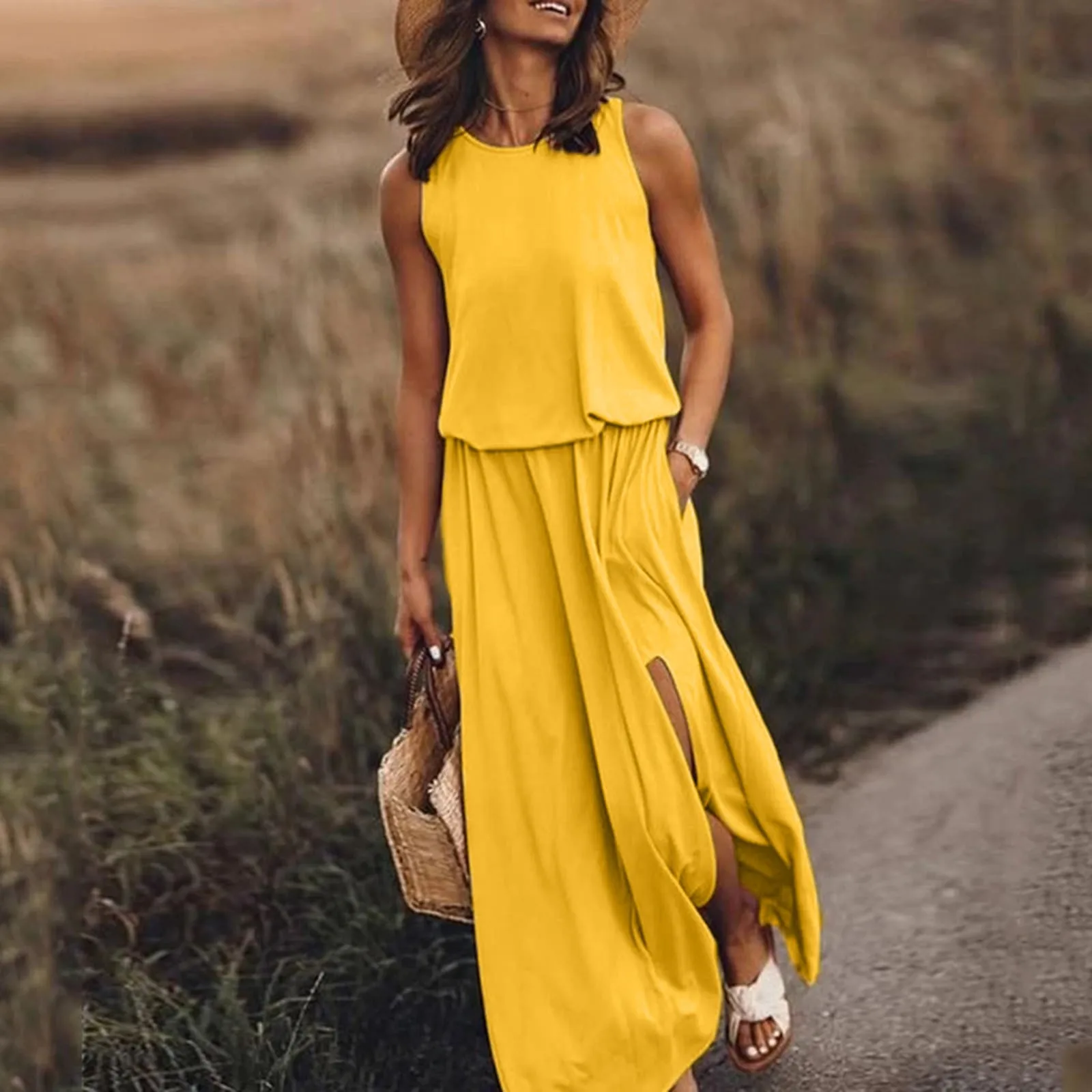 

Women Round Neck Sleeveless Dress 2024 Tummy Dress Bohemian Sleeveless Side Slit Maxi Dress Bohemian Summer Forking vestidos