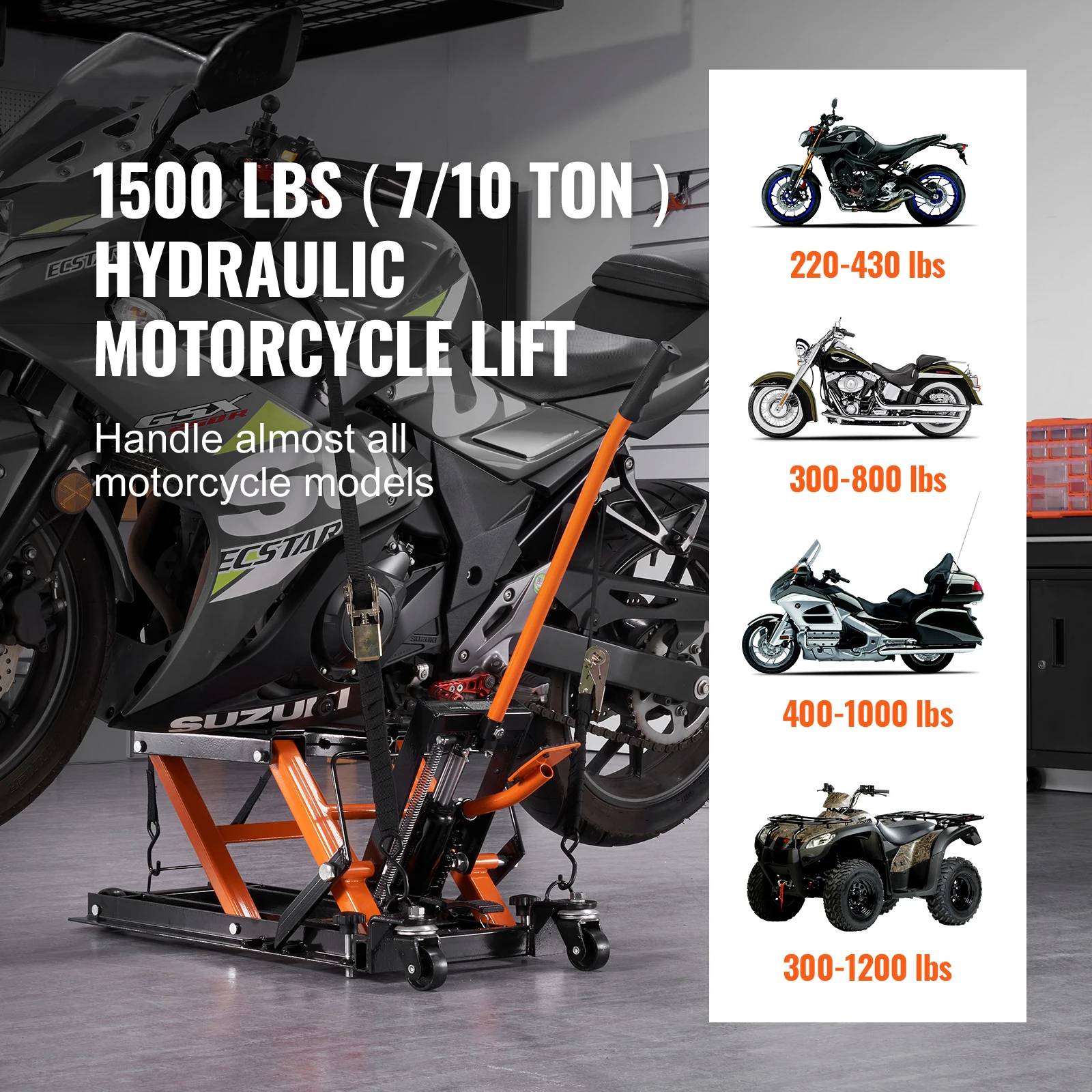 Steel Hydraulic Motorcycle Lift Jack with 4 Wheels for ATV UTVs