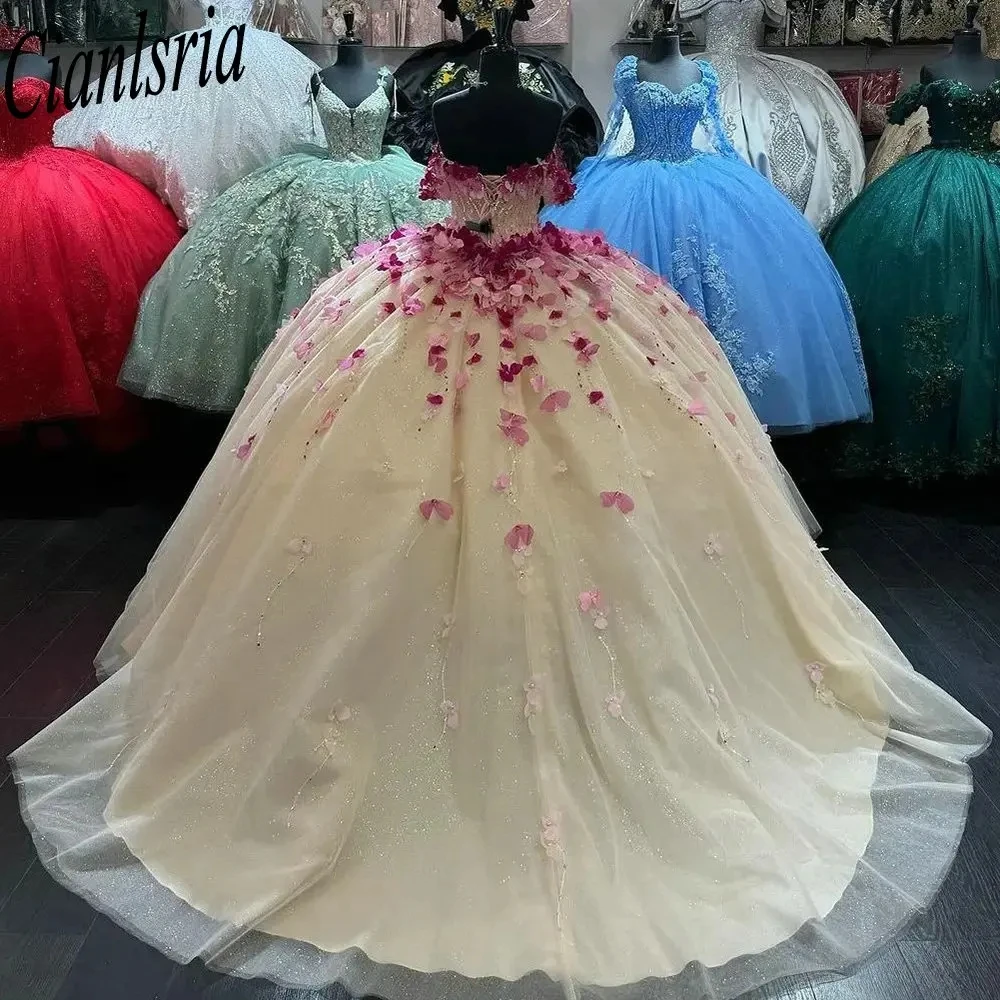 

Princess Glitter Crystal Sequined Quinceanera Dress Ball Gown Off The Shoulder 3D Flowers Corset Vestidos De XV Años