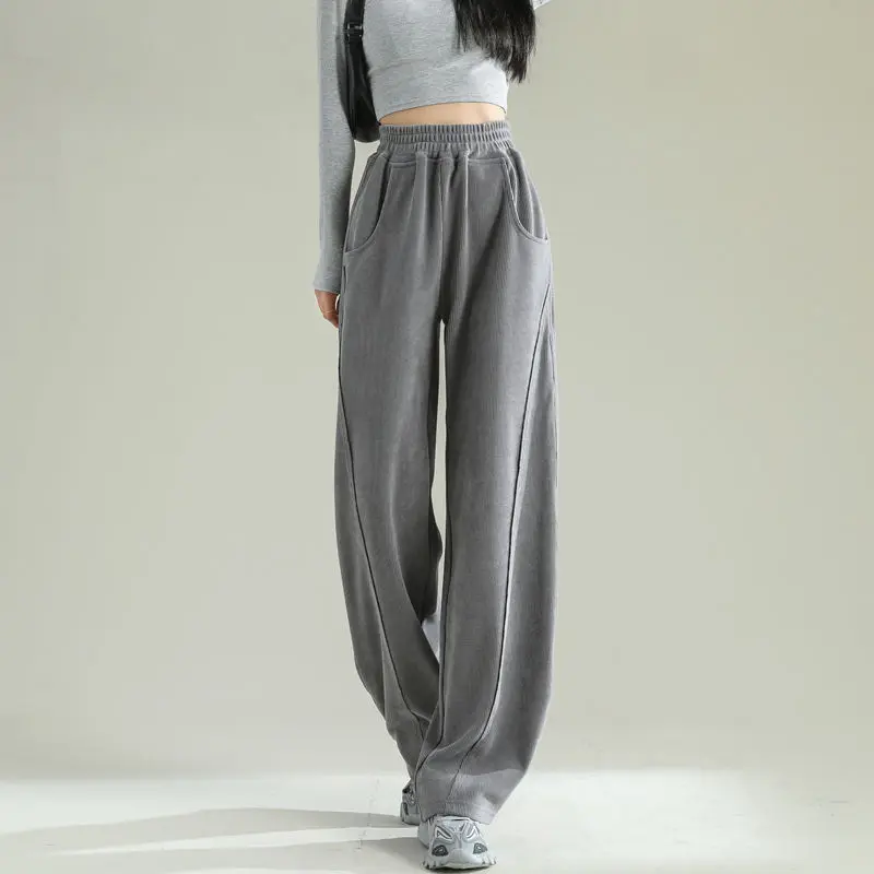 

2023 Autumn Casual Sweatpants Women Grey Elastic Waist Loose Straight Trousers Female Trend Versatile Wide-legged Pant