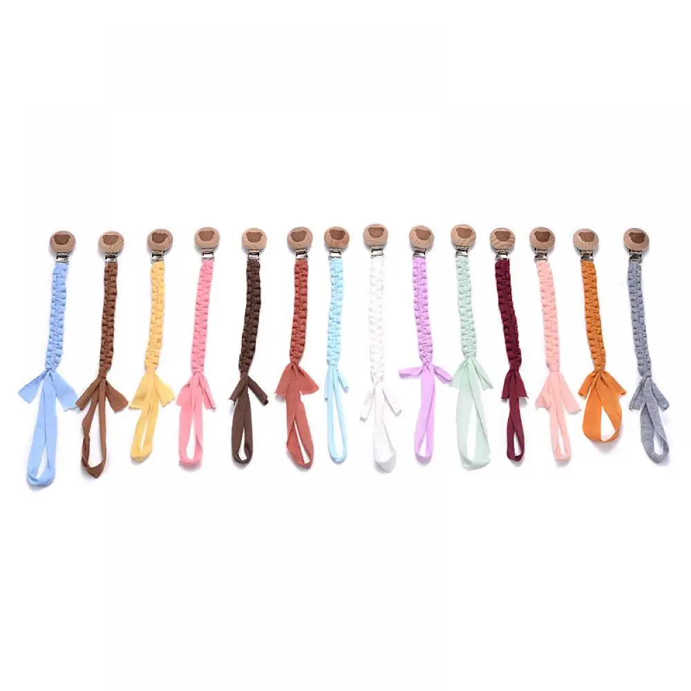 Wooden Round Baby Nipple Clip Handmade Weave Cotton Anti-Drop Baby Pacifier Chain For Nursing Chewing Toys Boy Girl Shower Gifts 2