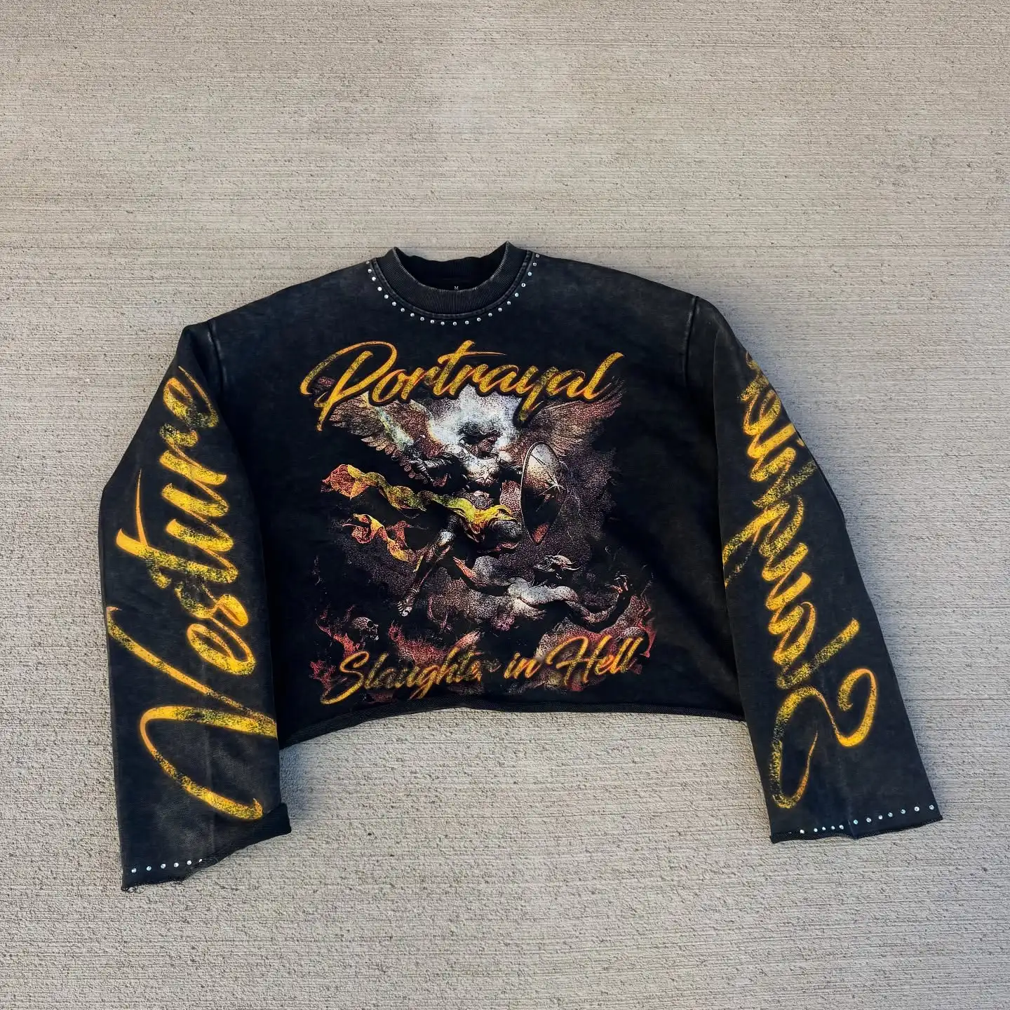 Balck Retro Gothic Oversized Long Sleeve Tees Men Women Harajuku Hip Hop Graphic Print Rhinestone T-shirts Cotton Loose Tops