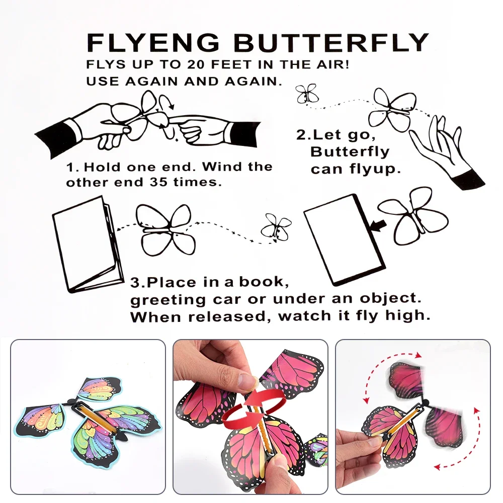 5Pcs Magic Wind Up Flying Butterfly in The Book Kids Magic Fairy Flying Toy Greeting Card Surprise Winding Rubber Band Toy