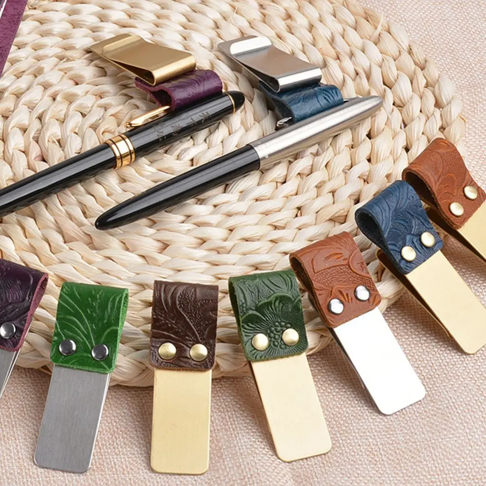 Convenient Metal Vintage Portable Notebook Holder Handmade Leather Stainless Steel Clips Brass Pen Folder pen holder