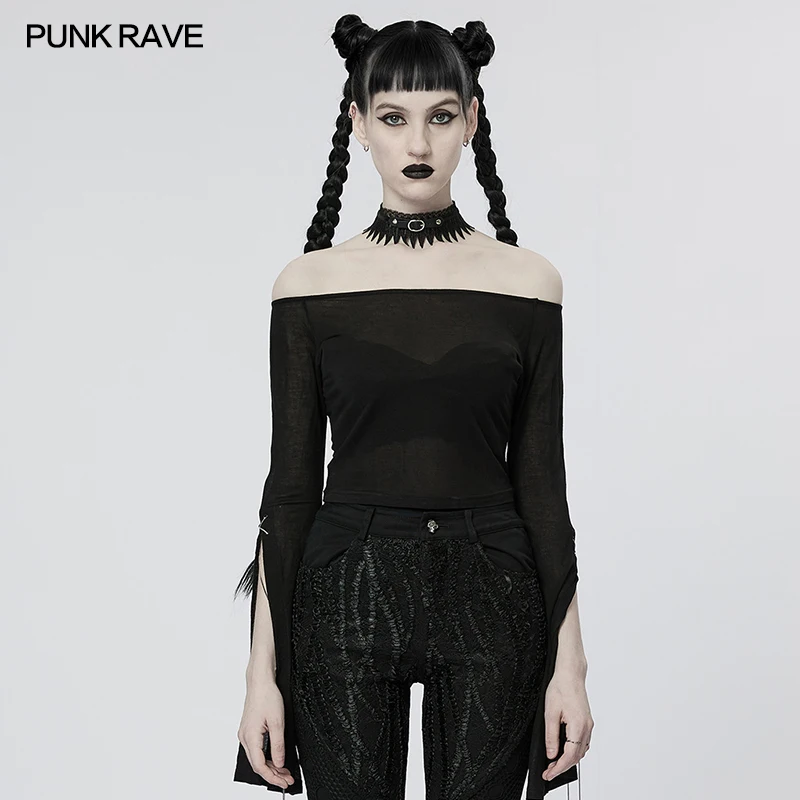 

PUNKRAVE Gothic Girl T-shirt Long Sleeves Elastic Knitted Women Night ClubTops