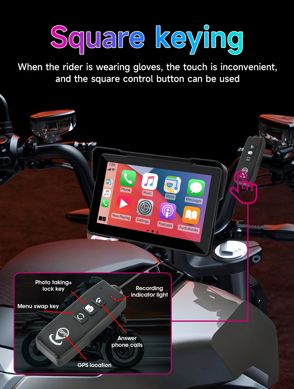 7 zoll Carplay Motorrad GPS Navigation 2K Moto DVR Drahtlose Android Auto Display Bildschirm Tragbare Stick Recorder Moto Monitor – Detail 11