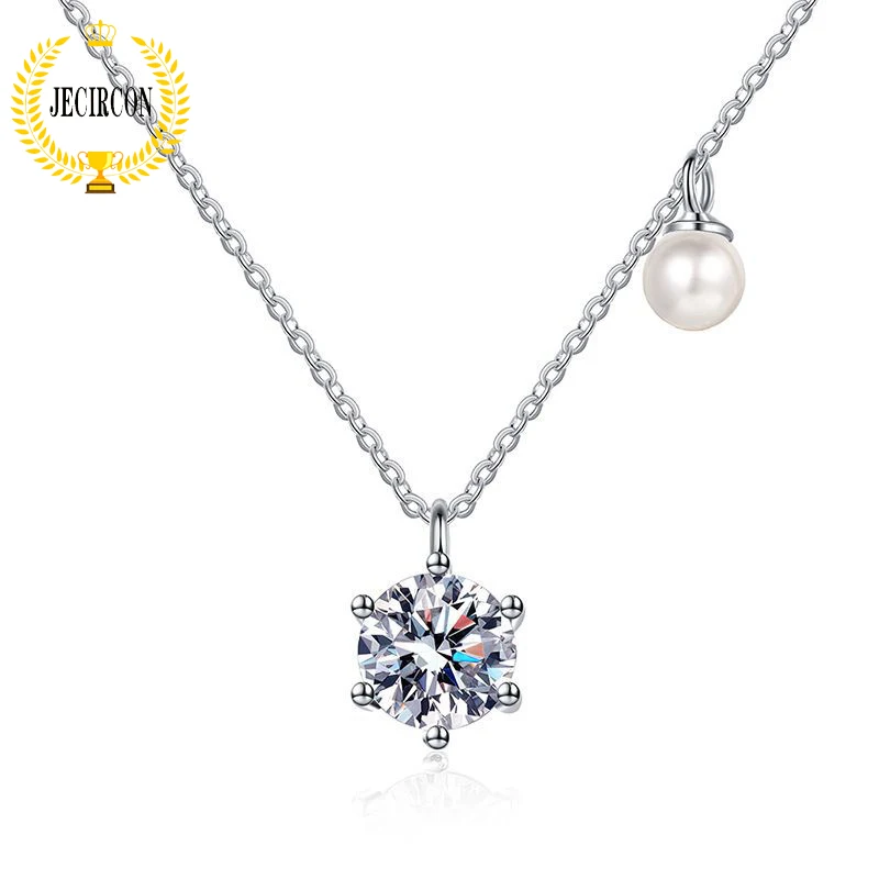 

JECIRCON 0.5/1ct D Color Moissanite Necklace for Women Platinum Quality Pearl Pendant 925 Sterling Silver Clavicle Chain Jewelry