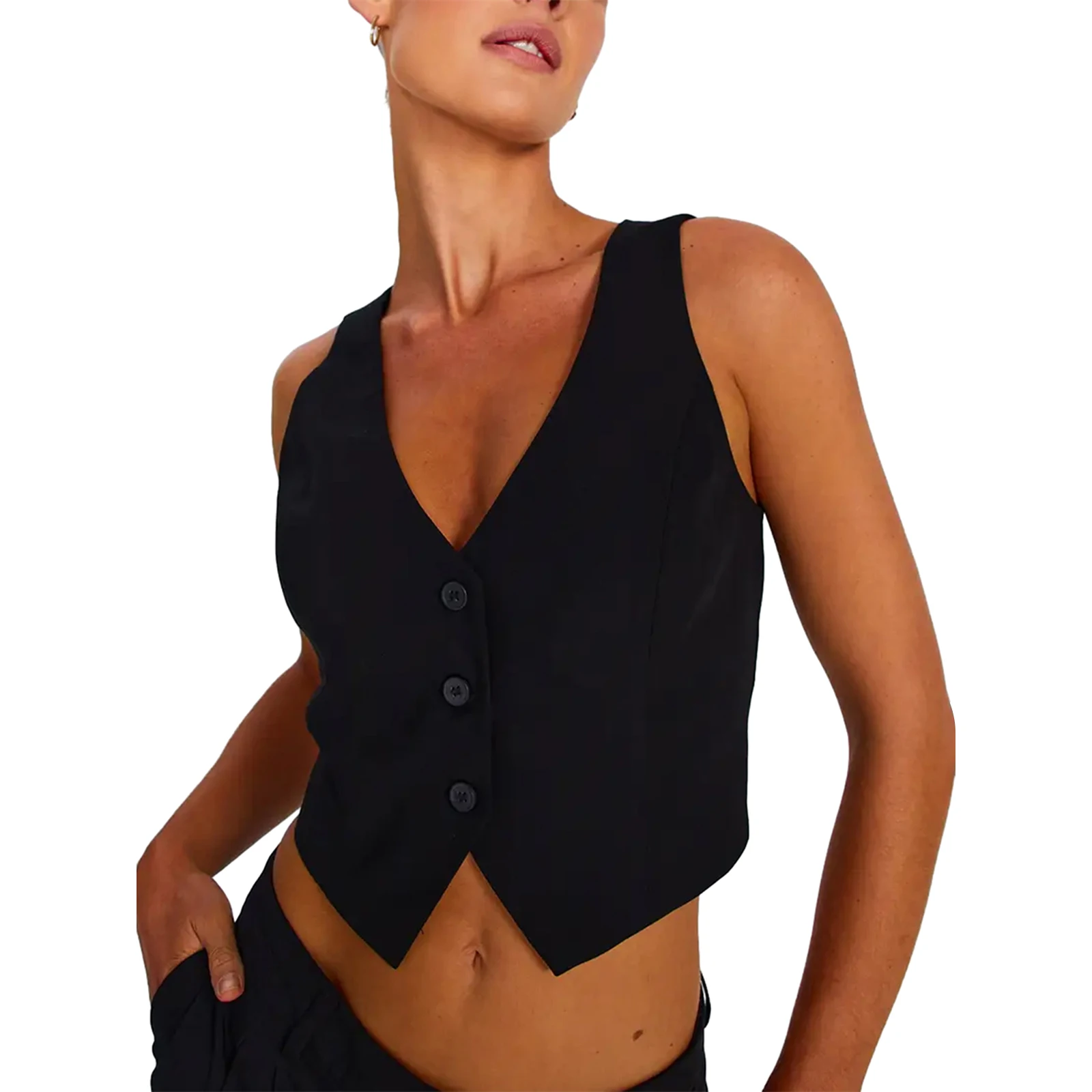 

2023 New Summer Women's Tank Tops Sleeveless V Neck Button Basic Vest Solid Color Outwear Gilet for Daily Fashion Streetwear