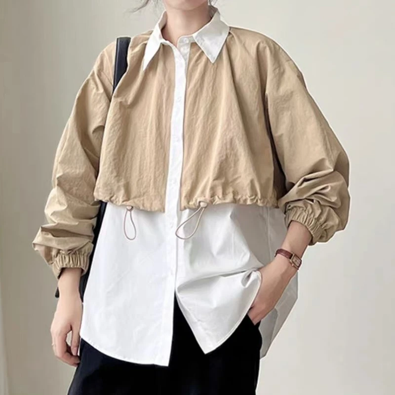 

SuperAen 2024 Spring Korean Casual Color Contrast Patchwork Fake Two-piece Shirt Women's Long Sleeved Shirt