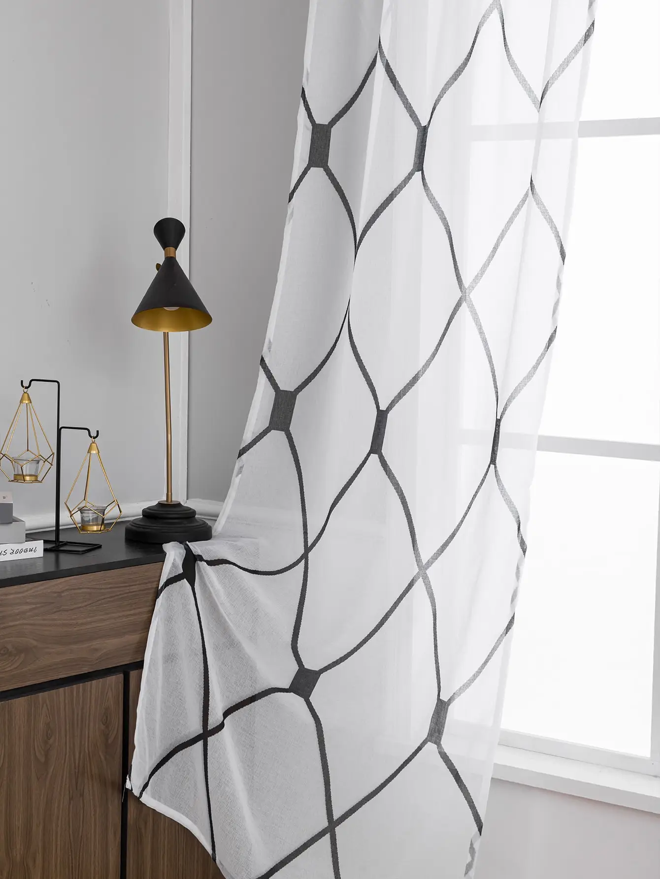Moroccan printed Trellis White Sheer Curtains 1 Panels, Damask Textured Rod Pocket Voile Tulle Semi  Drapes,door curtains 2