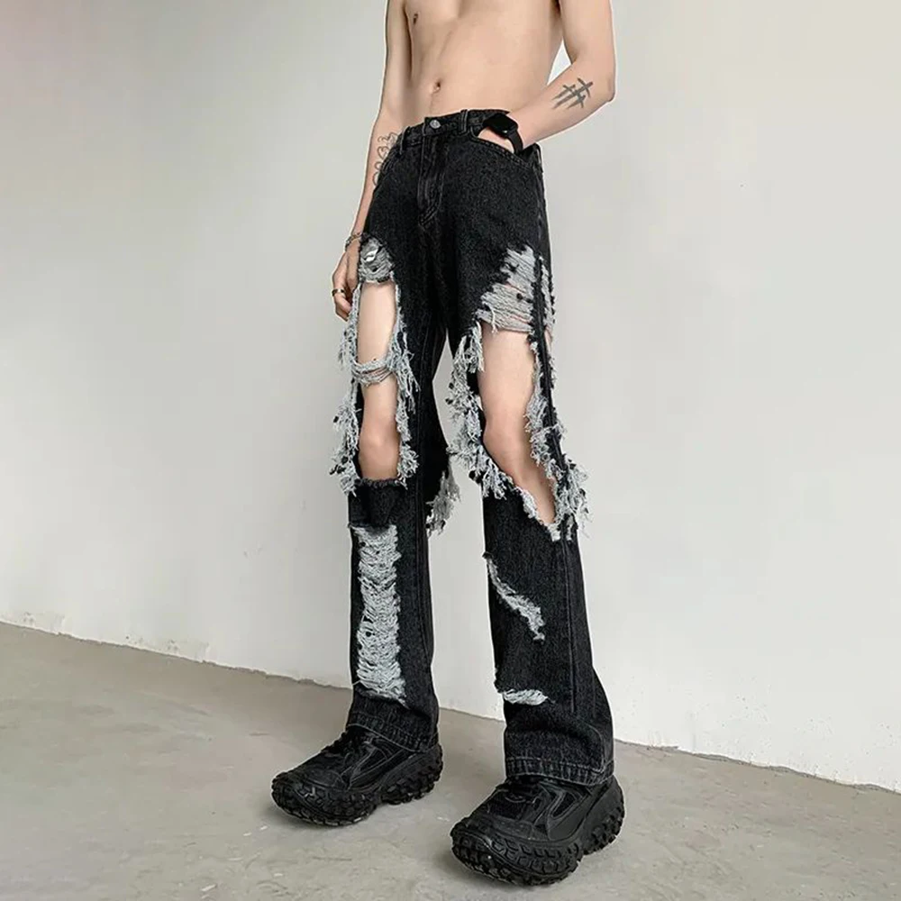 Y2K Unisex Perforated Jeans Mens Summer Korean 2023 Slim Design Straight Wide Leg Denim Pants LGBT Man Sexy Ripped Fringed Jeans