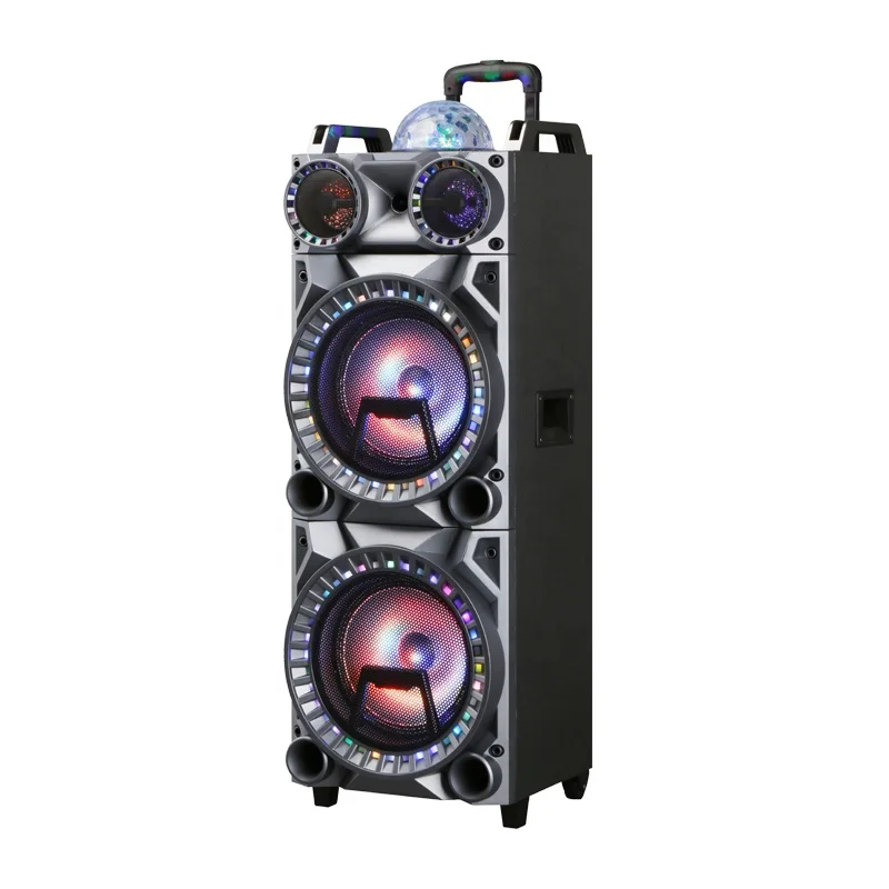 

double 10inch BT dj flashing light usb karaoke portable speaker trolley wooden rechargeable speaker