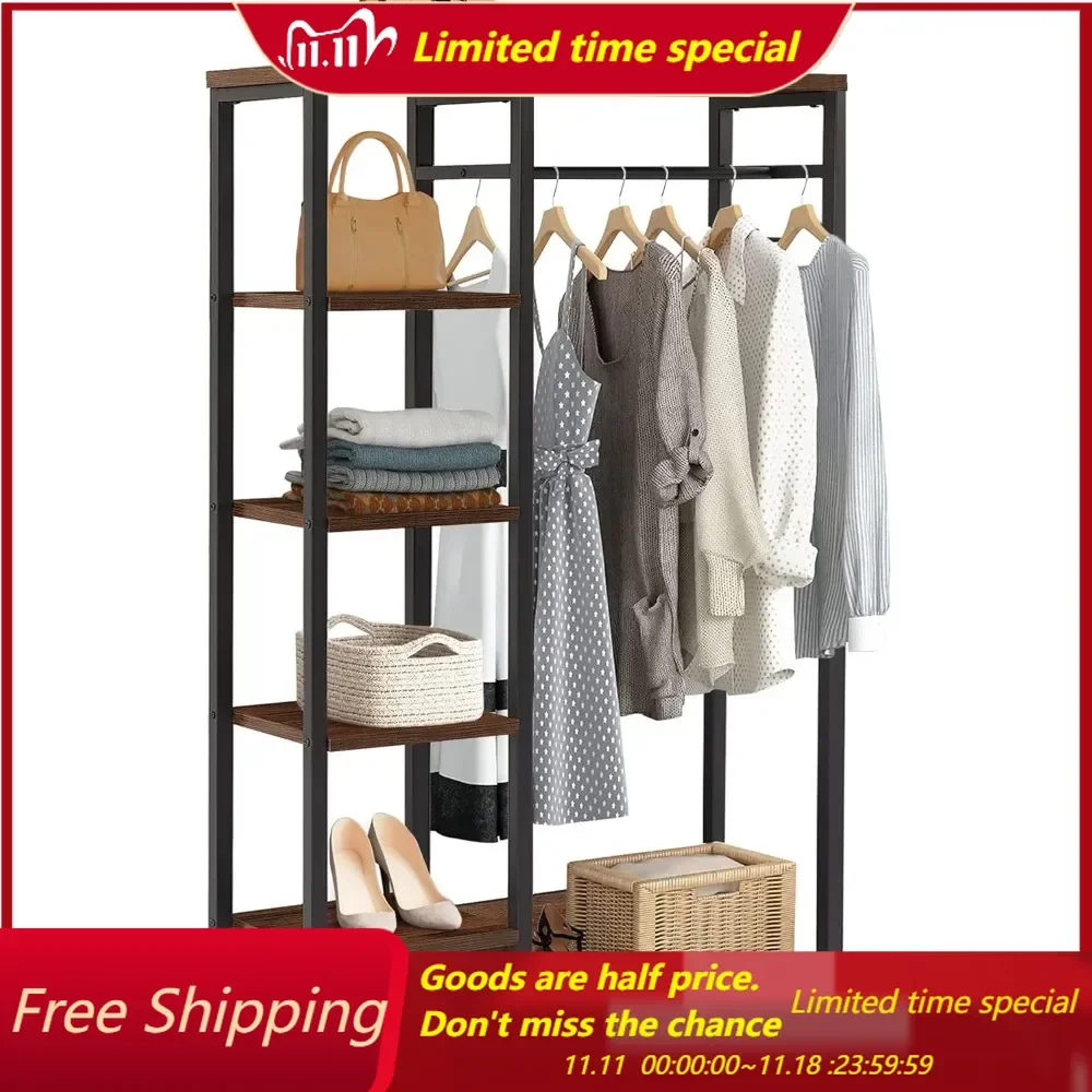 Open Garment Clothing Rack, Free-Standing Heavy Duty Storage Closet with 5 Shelves and Hanging Rod for Small Spaces