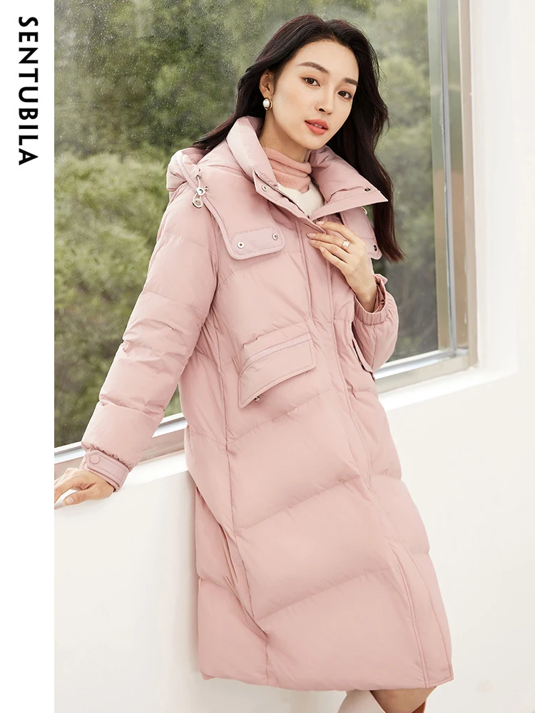 SENTUBILA Women's Casual Hooded Winter Down Jacket 2023 High Quality Mid-Length Down Coat White Duck Down Warm Jackets W34Y50541