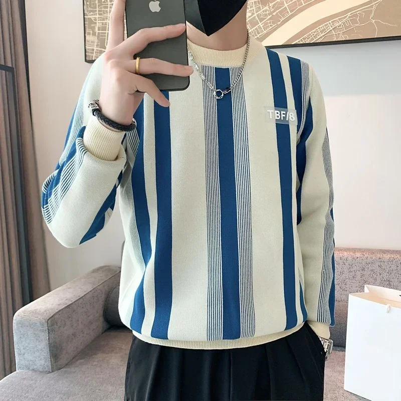 

Men's Clothing Striped Crewneck Pullovers Knit Sweater Male Round Collar Blue Icon Baggy Best Selling Products 2023 A Order Warm