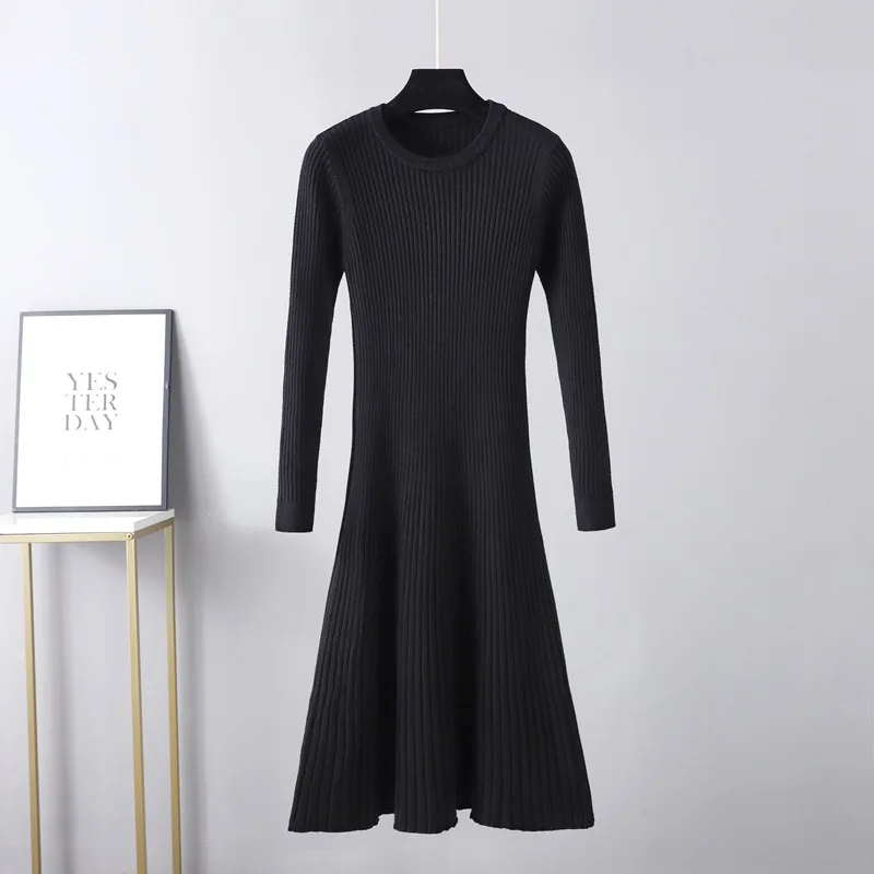 

Autumn and winter slim dress womens mid-length skirt new round neck skirt solid color underlay sweater skirt black