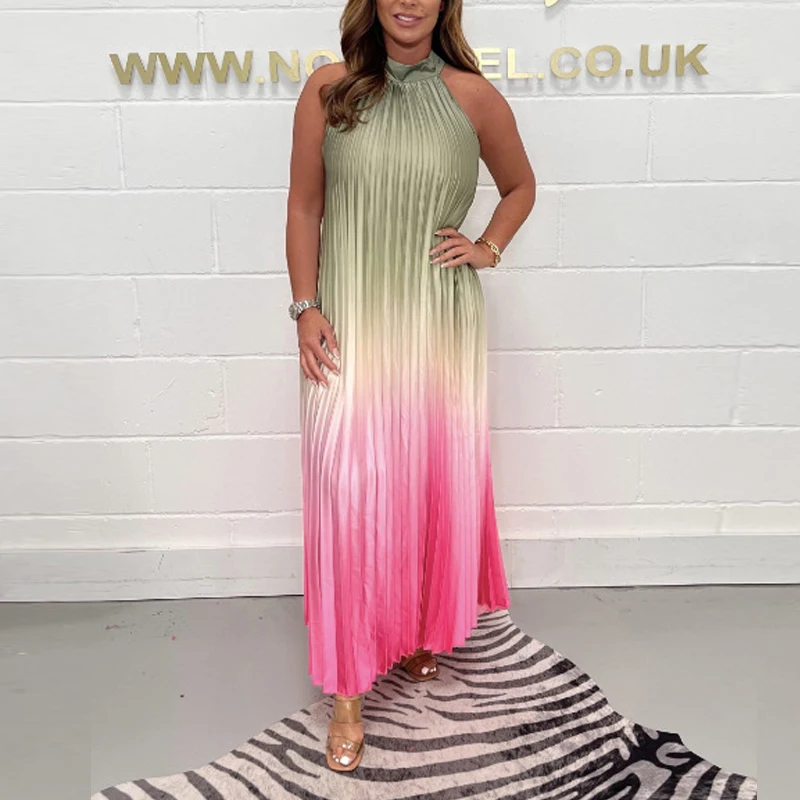 

Elegant O-neck Sleeveless Pleated Long Dress Summer Women Casual Loose Party Dress Fashion Gradient Print Maxi Dresses Vestidos