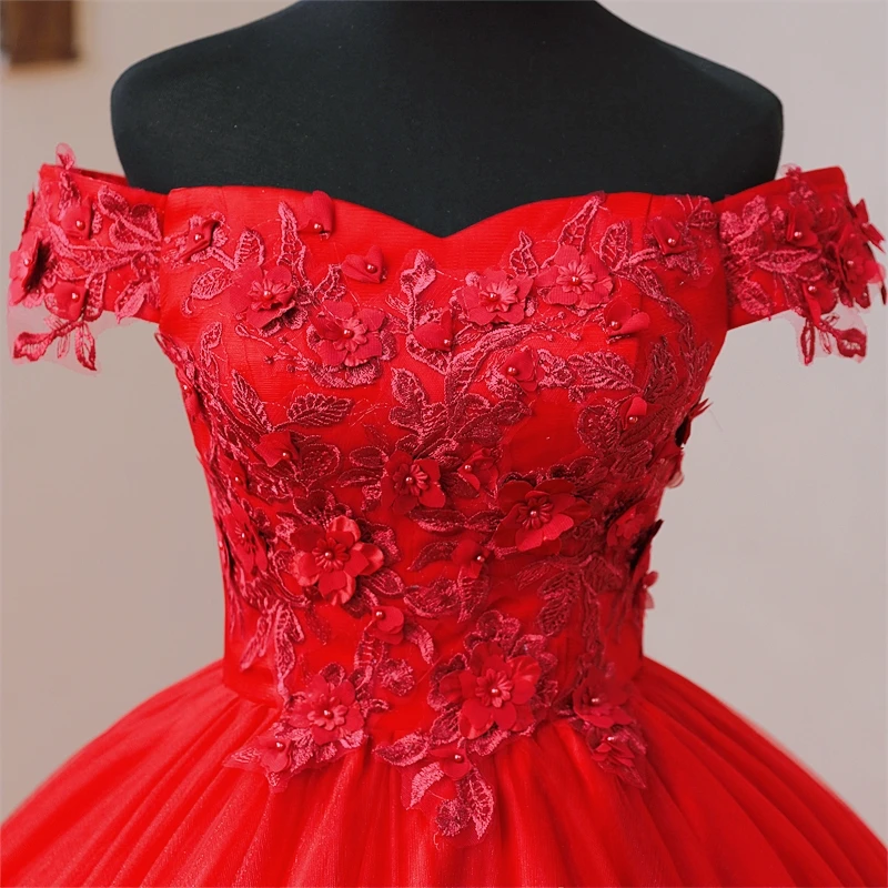 Summer New Red Quinceanera Dresses Sweet Flower Party Dress Luxury Lace Ball Gown Classic Boho Vestidos For Girls