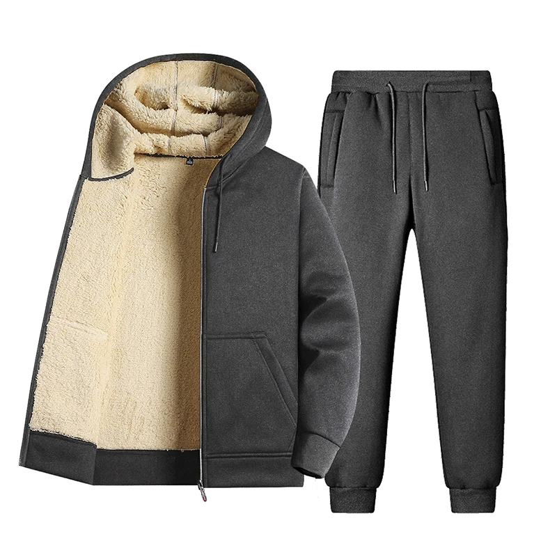 Men Tracksuit Sets Thick Warm Jacket Zipper Hooded Sweatshirt Coat+Pants Brand Sportswear Casual Outwear Hoody