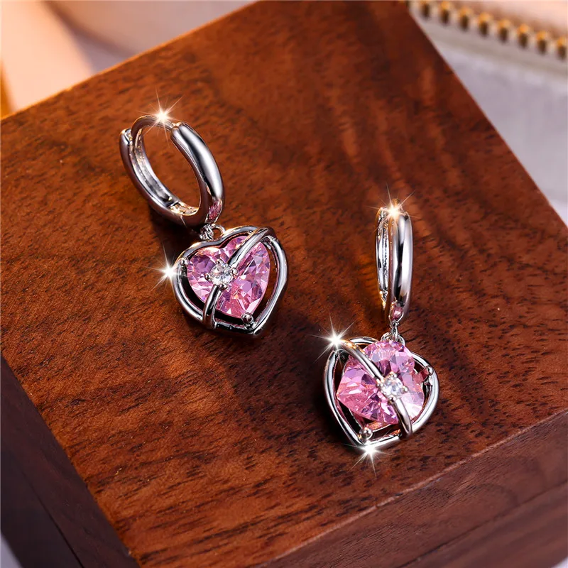 Female Crystal Pink Zircon Stone Heart Dangle Earring Cute Tassel Long Wedding Jewelry For Women