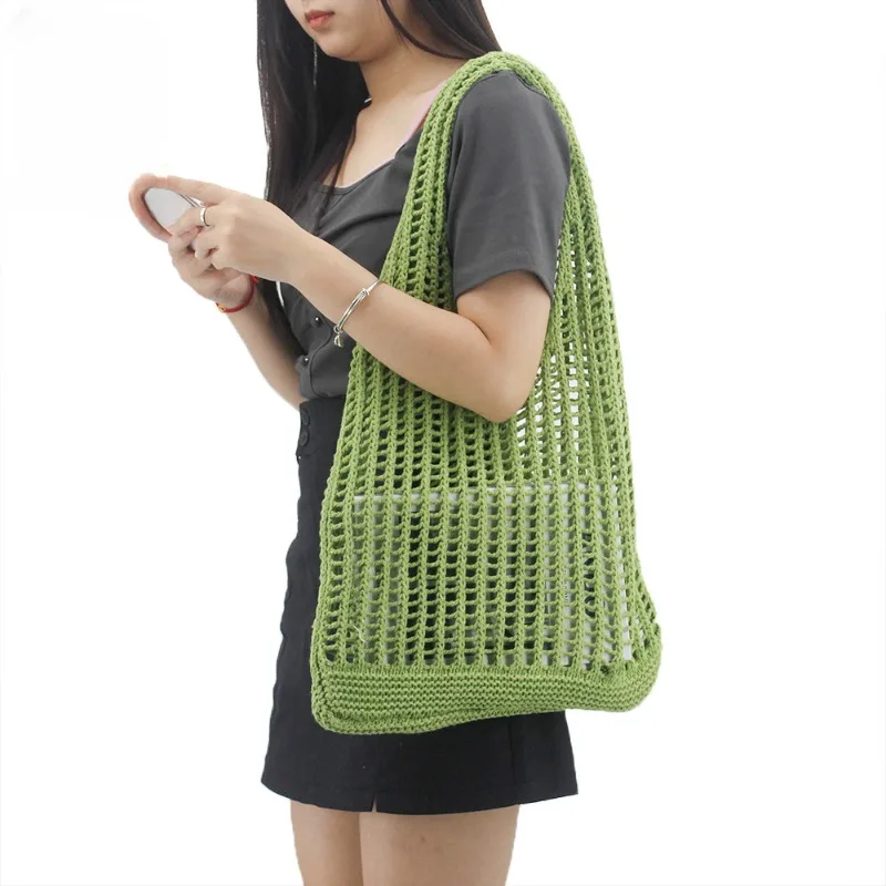 Knitted Shoulder Bag Large Capacity Retro Mesh Hollow Simple Style Woven Storage Bag Vacation Travel Beach Bag Trend All-match