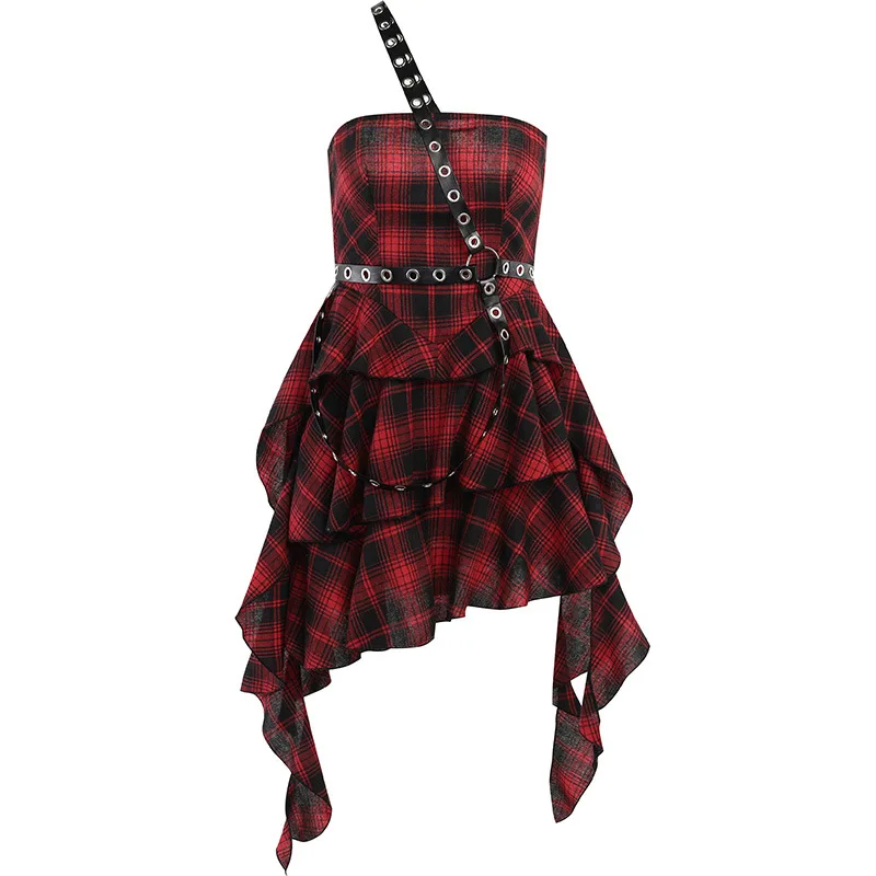 

Beauty Summer New European-style Commuter Plaid Skirt Fashion Spice Irregular Plaid Strapless Dress Female Women Clothing
