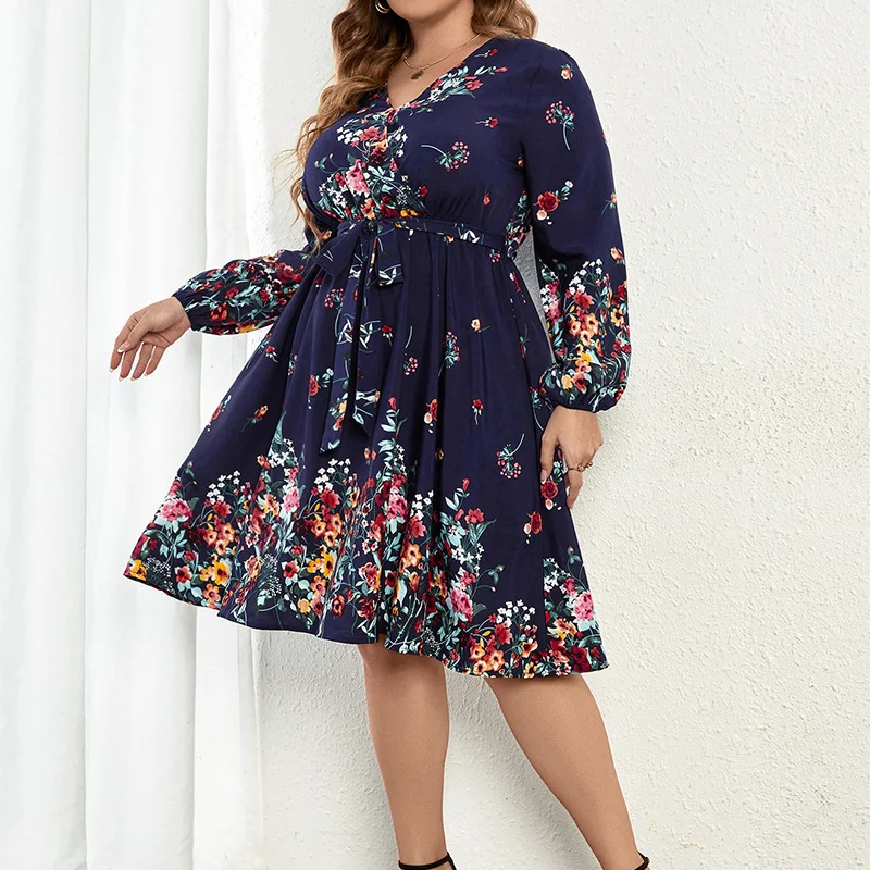 Elegant V-Neck Broken Flowers Printing Bandage Dark Blue Color Autumn Plus Size Pullover Ruffled Knee Length Dress for Women