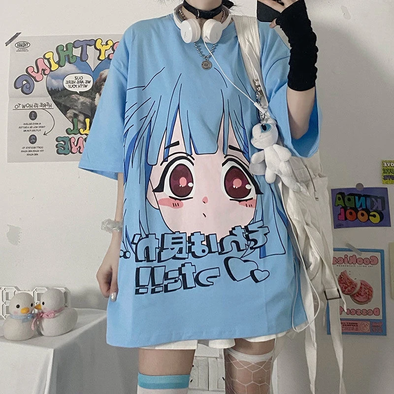 カワイイ 女の子のための青い原宿プリントtシャツ 女性のための和風tシャツ アニメプリントの婦人服21 Tシャツ Aliexpress