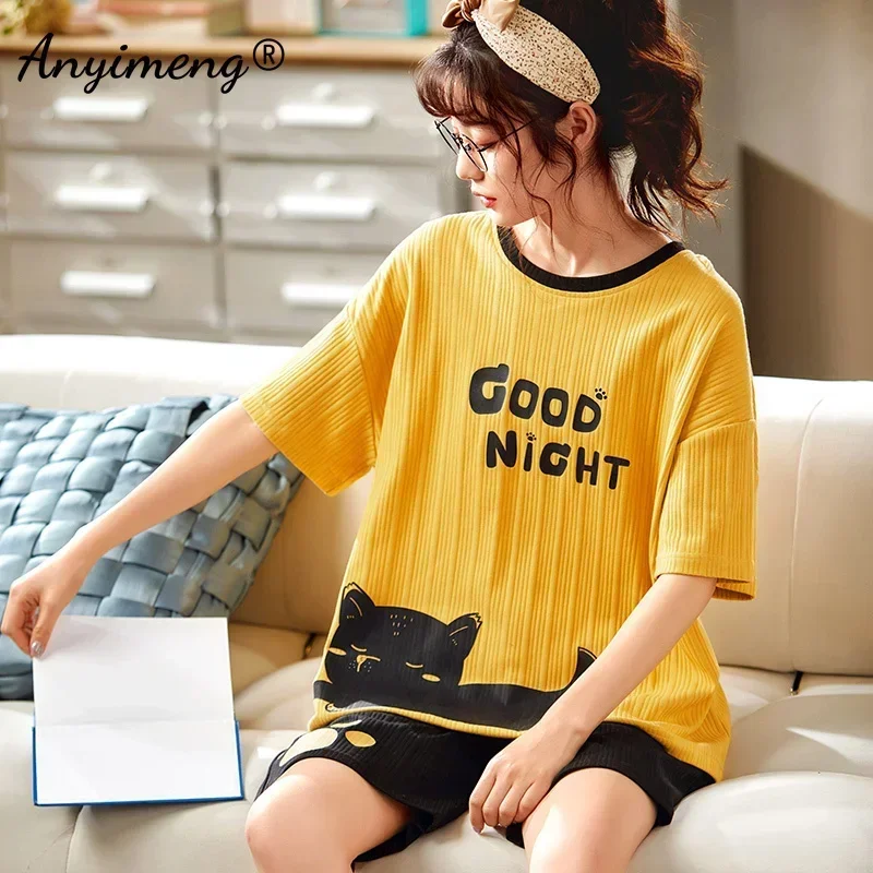 새로운  여성 잠옷 여름 반바지 코튼 Pijamas Yellove 귀여운 고양이 인쇄 패션 소녀의 Homewear 한국어 pyjama 세트