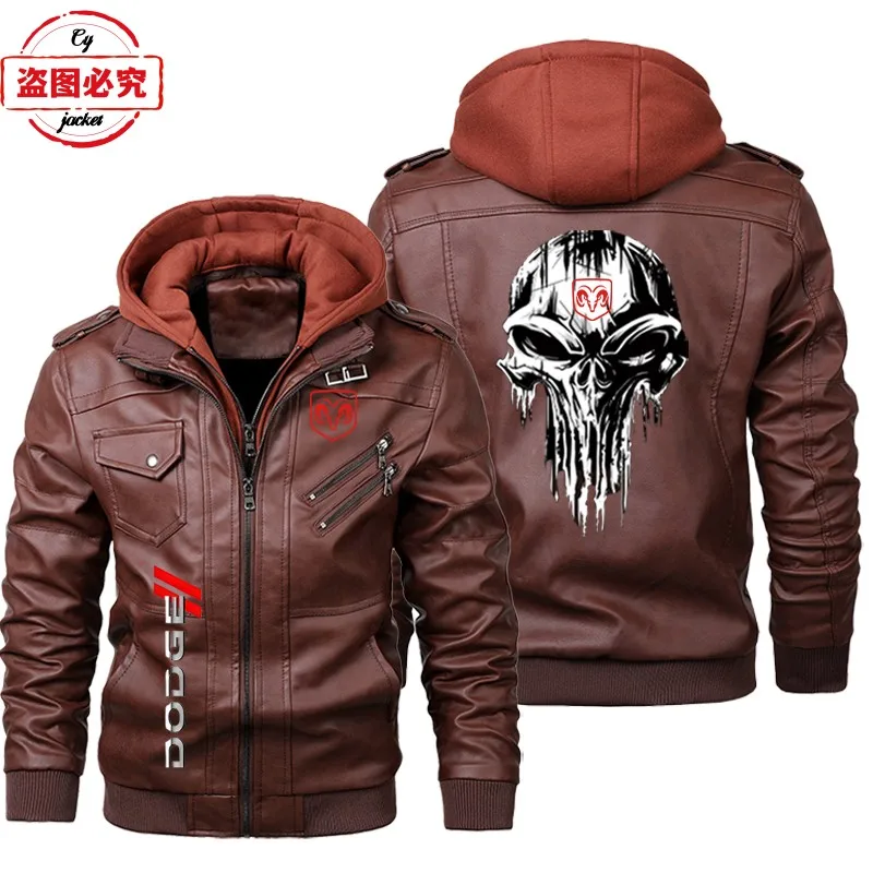 Dodge car logo leather jacket retro washed pu leather jacket windproof men's hooded jacket dodge racing suit team suit 4