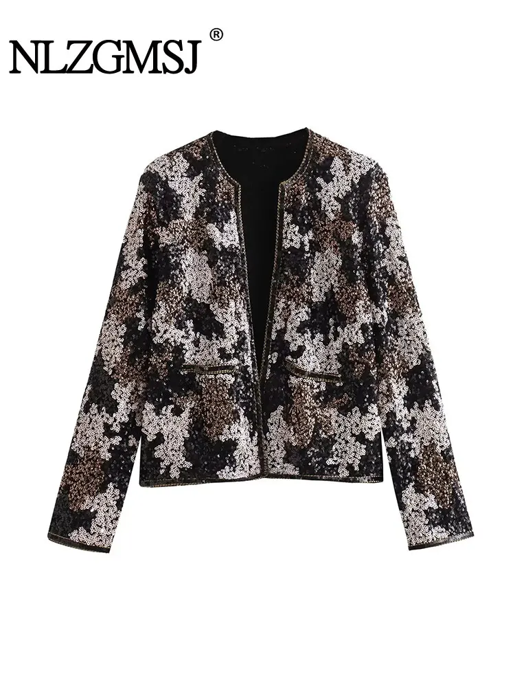 

TRAF 2024 Autumn Jacket Women Fashion Sequin Coat Woman Long Sleeve Elegant Jackets For Women New Outerwear