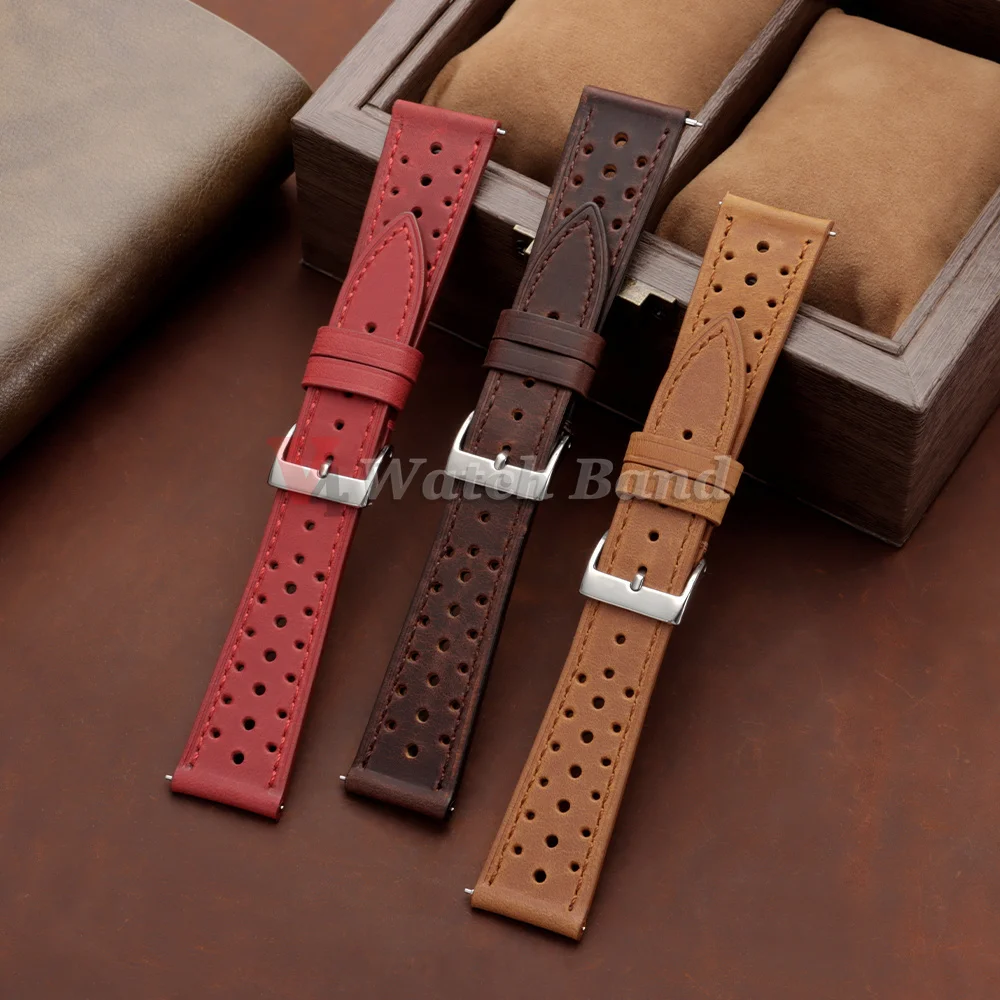 Vintage Racing Leather Breathable Watch Strap in Brown