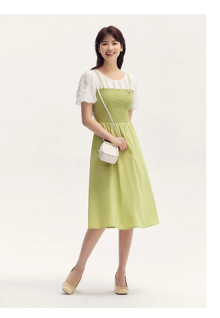 Vestido de mujer con mangas abullonadas y encaje de retazos, dos piezas, corte entallado, estilo fresco de verano, cuello redondo, falda de longitud media