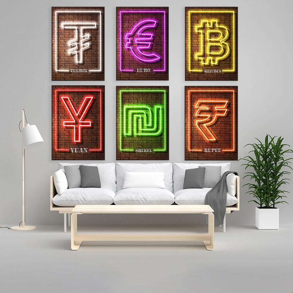 네온 효과 그래픽 인쇄 유로, 달러, 파운드, 엔, 비트코인, 루피, 이더리움, 태국 바트 표지판 인쇄 벽 장식 포스터 -  AliExpress