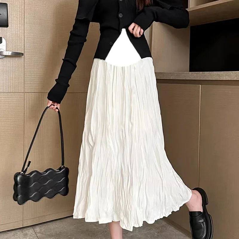 Korean Style Spring Maternity Belly Skirt Fashion High Waist Pregnant Woman Pleated Skirts Pregnancy Midi Skirts Black White
