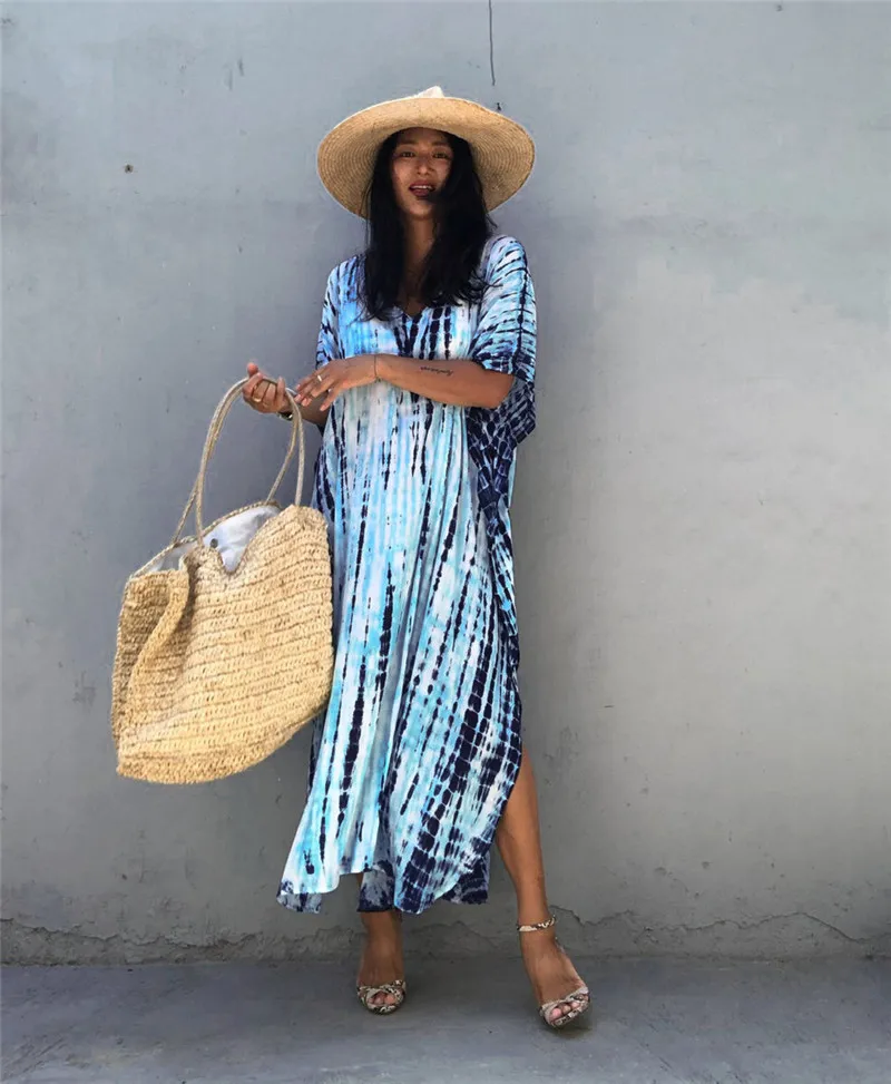 Fashion Casual Striped Print Long Dresses Women Bohemian V-neck Bat Sleeve Loose Slit Beach Dress Summer New Beachwear Vestidos 140 Fashion Casual Striped Print Long Dresses Women Bohemian V-neck Bat Sleeve Loose Slit Beach Dress Summer New Beachwear Vestidos
