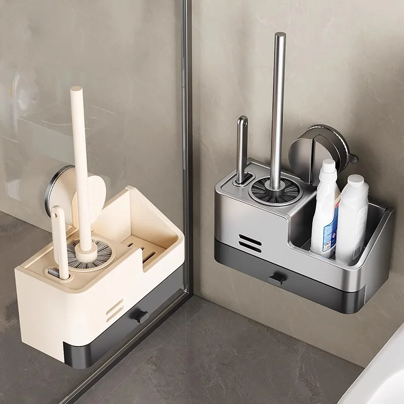แปรงขัดโถสุขภัณฑ์แบบมีถ้วยดูดติดผนัง ไม่ต้องเจาะรู พร้อมชั้นวางของในห้องน้ำ อุปกรณ์เสริมสำหรับห้องน้ำ 1