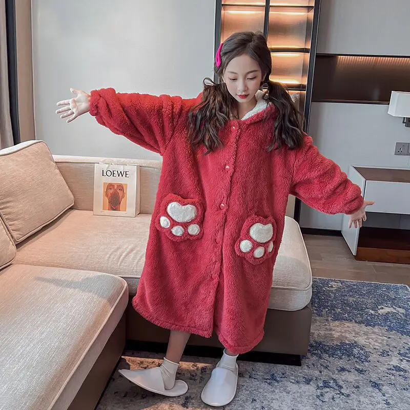 Girls Bathrobes Children Hooded Fashion Winter Fleece Bath Robes Towel Velvet Pajamas Gown
