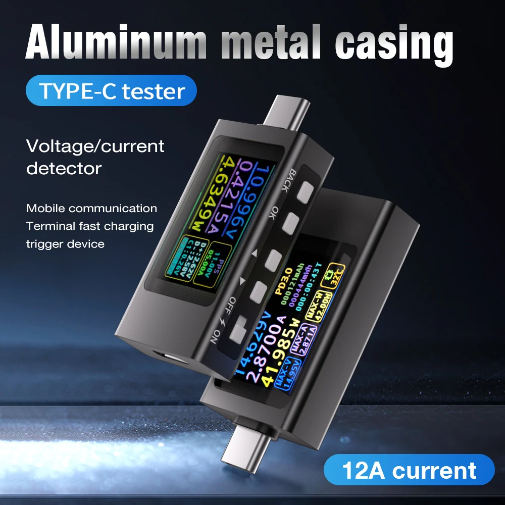 Type-C Tester mit Farbdisplay zeigt Spannung und Stromstärke an