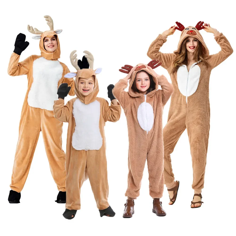 

New Unisex Adult Child Christmas Reindeer Costume Girl Women Hooded Cozy Fawn Deer Costume Cosplay Onesie Cartoon Pajamas