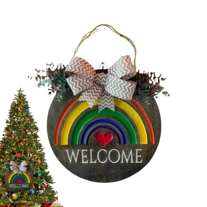 

Rainbow Welcome Door Sign Wooden Welcome Sign Front Door Welcome Sign Plaque European Rainbow Sign With Bow Wall Art Decor