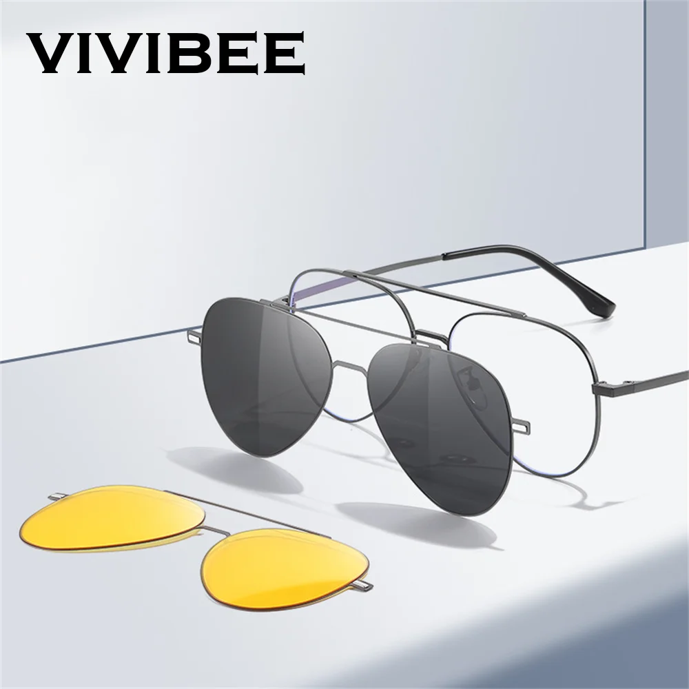 VIVIBEE Aviation Magnetische Polarisierte Clip Auf Sonnenbrille Pilot Männer Nachtsicht Brillen Rahmen UV400 Frauen Sonnenschirm